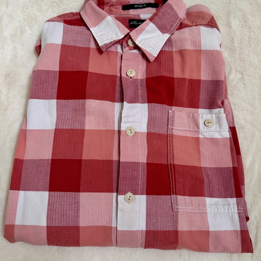 Eddie Bauer Men's Red and Pink Plaid Button Down Shirt